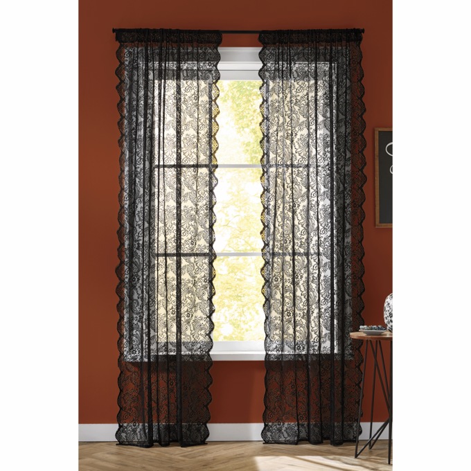 Salem Black Sheer Lace Jacquard Window Panel with Scalloped Edges, Black, large