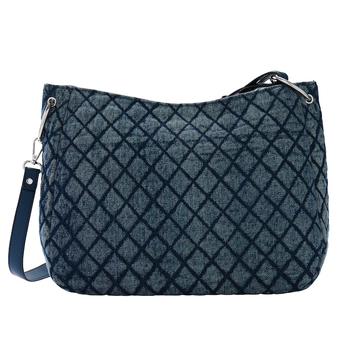 Quilted Denim Hobo Bag – Diamond-Stitch Shoulder Purse with Chain and Crossbody Strap for Women, , large