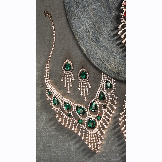 Crystal/Fringe Color Necklace & Earring Set, Green, large