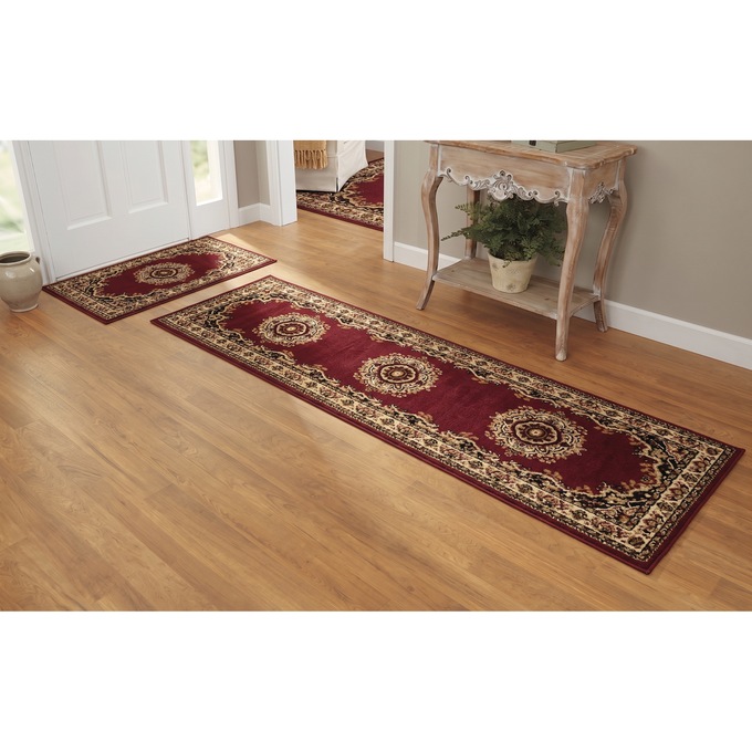 4-Piece Plush Floral Kirman Rug Set with Runner and Mats, , large