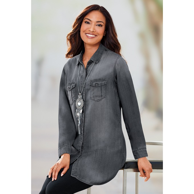 Long-Sleeved Denim Button-Up Tunic, , large