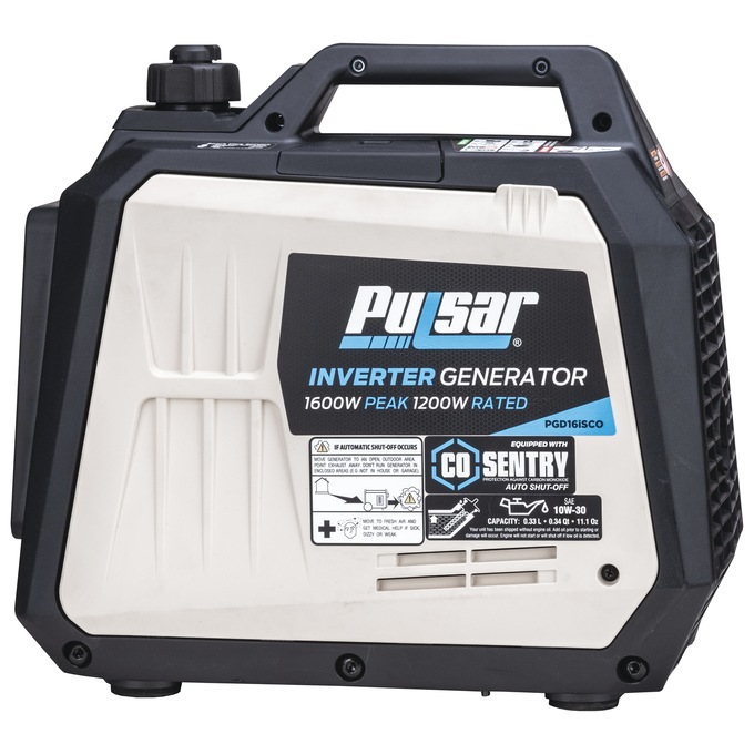 Pulsar 1600W/1200W Portable Gas Inverter Generator, Recoil Start with CO Alert, Black, large