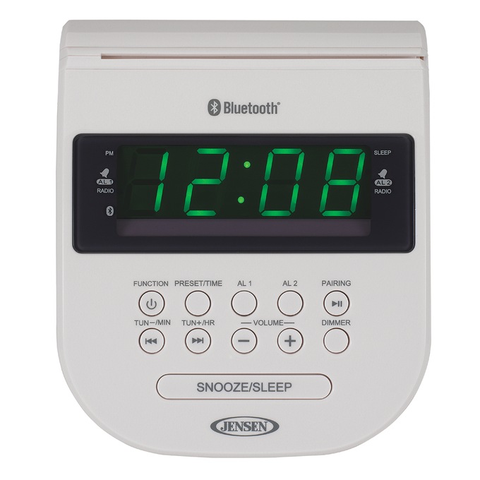 JENSEN Bluetooth Clock Radio with Smartphone Holder, White, large