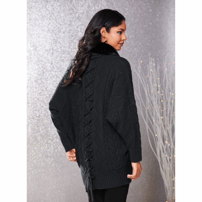 Diana Cocoon-Style Women's Cabel-Knit Cardigan with Removable Faux Fur Trim, Black, large