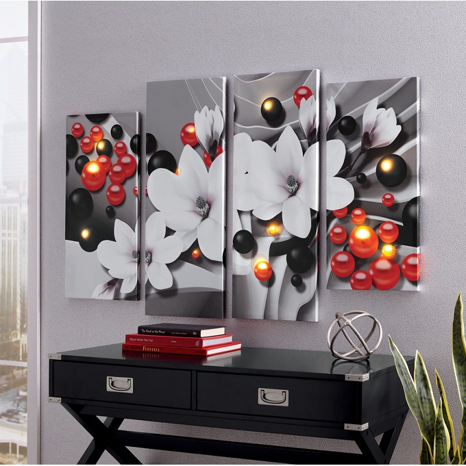 4-Piece Lit Floral Pearl Wall Art, , large