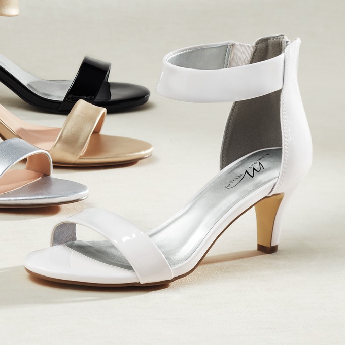 Faux Patent Back-Zip Sandal with Heel, White, large