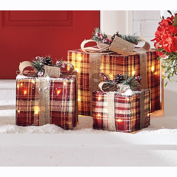 Set of 3 Lit Plaid Gift Boxes, , large