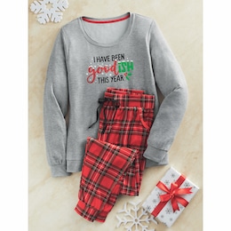 Goodish Holiday PJ Set with Screen-Printed Top and Plaid Pants, , large