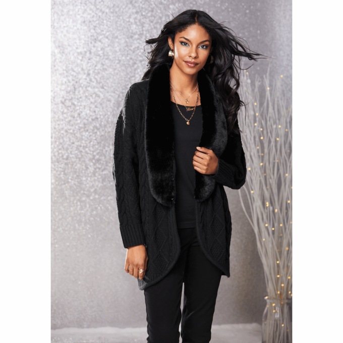 Diana Faux Fur-Trimmed Cardigan, , large