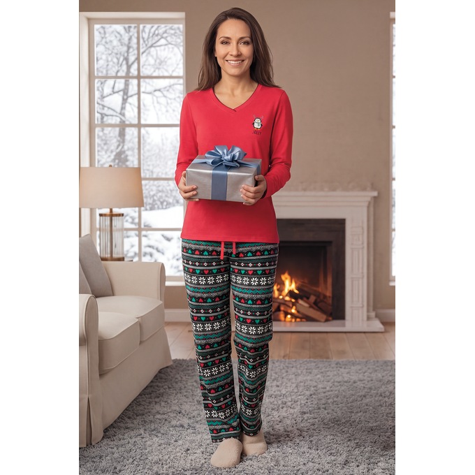 Jolly Penguin Holiday PJ Set with Embroidered Top, , large