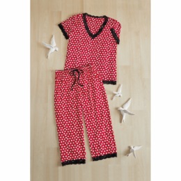 Heart-Print Women&rsquo;s PJ Set with Lace Trim in Stretch Jersey Knit, , large