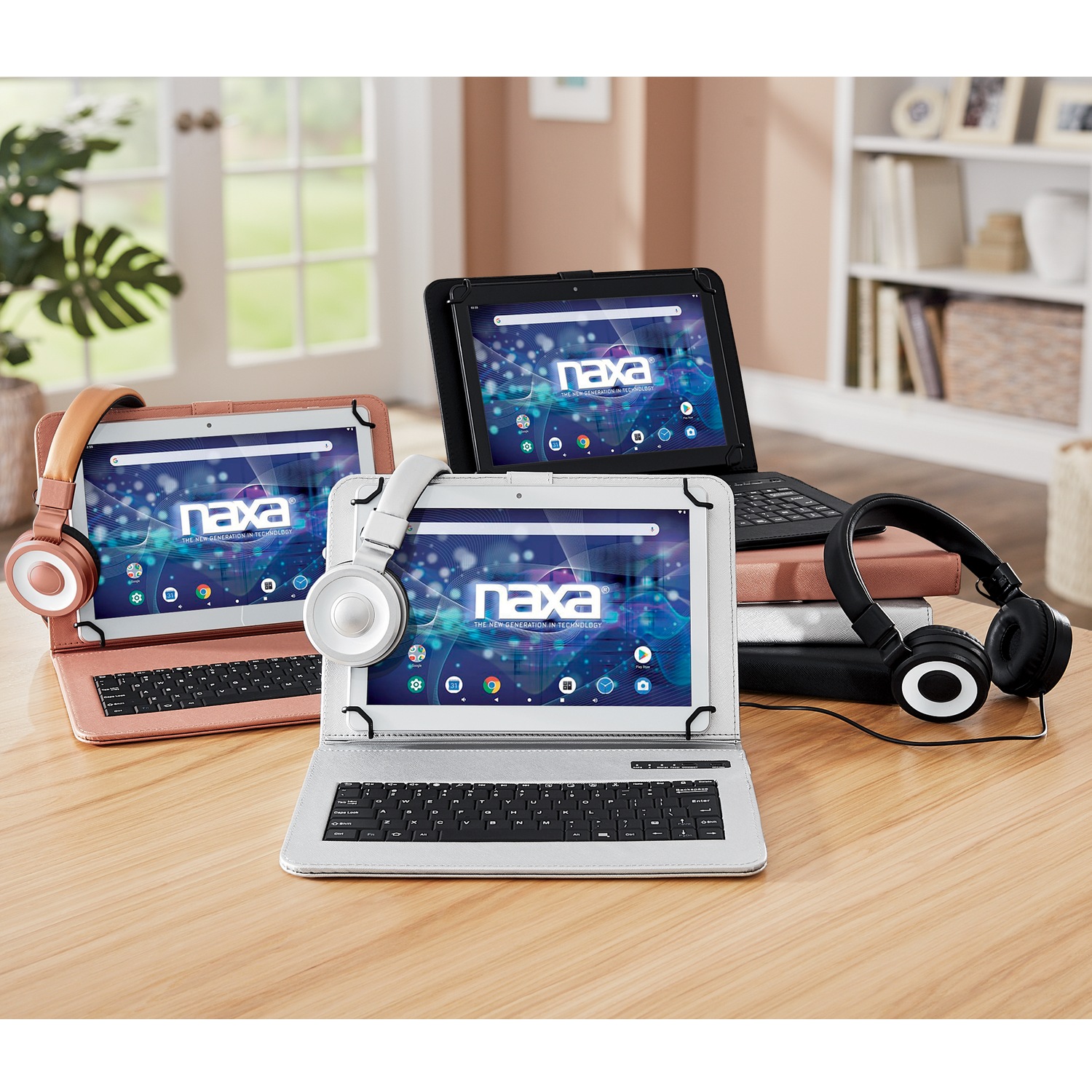 10 naxa tablet with bluetooth keyboard and headphones