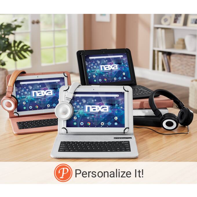 10 naxa tablet with bluetooth keyboard and headphones