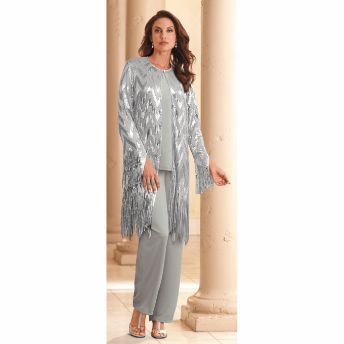 Rebekah Sequin Fringe 3-Piece Pant Set, , large