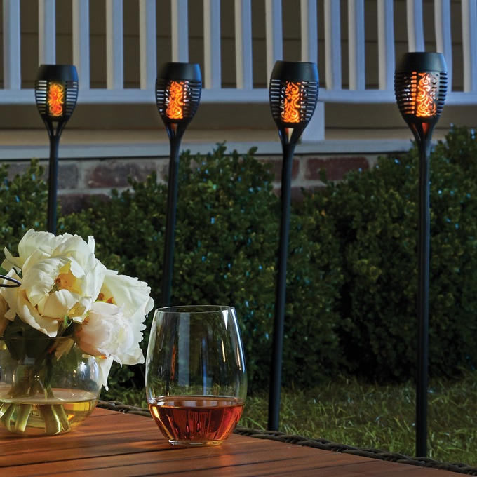 Swiss Colony Set of 4 Solar Flame Stake Black Plastic