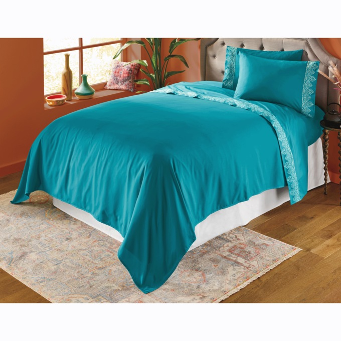 Moroccan-Style Embroidered Hem Sheet Set, Ocean, large