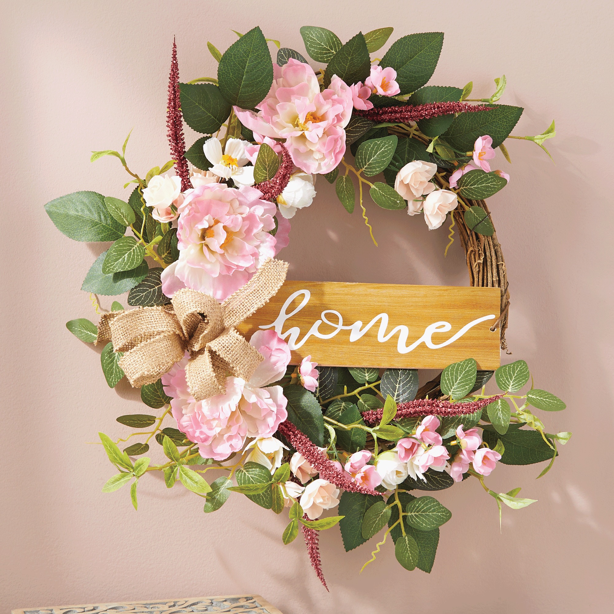 Pink Peony Semi-wreath with Home Sign, , large