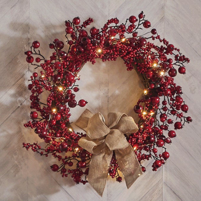 LED Lighted Cranberry Berry Wreath 24" - Red Christmas Holiday D&eacute;cor, , large