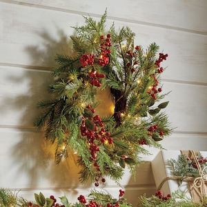 Lit Cedar and Berries Wreath, , large