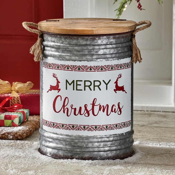 Merry Christmas Galvanized Metal Bucket with Wood Lid, , large