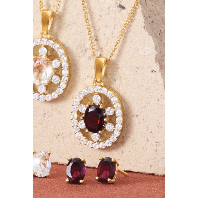 Gemstone Oval Frame Necklace & Earring Set, , large