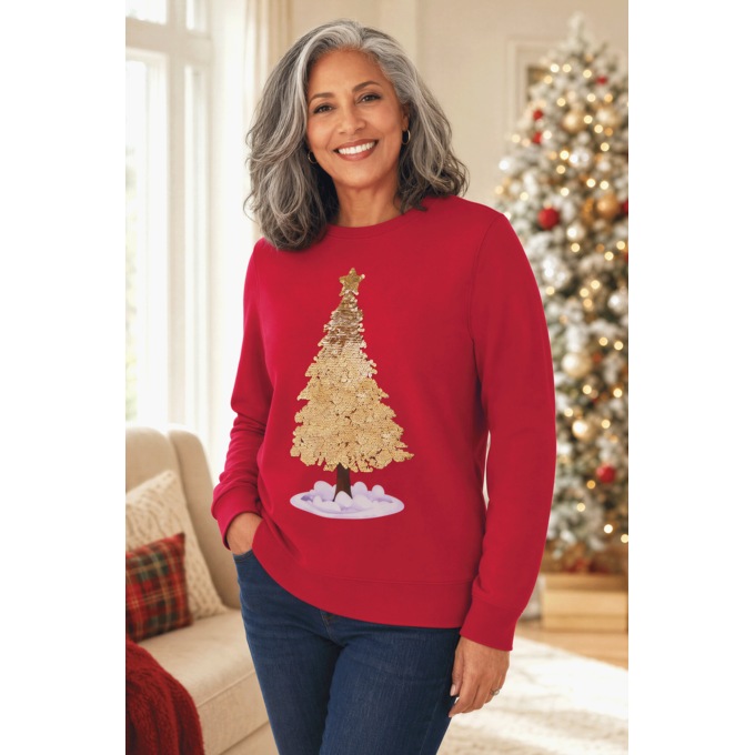 Flip Sequin Christmas Tree Crewneck Sweatshirt with Reversible Sequins, , large