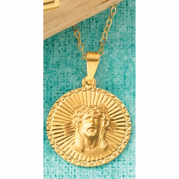 10K Gold Jesus Round Pendant, , large
