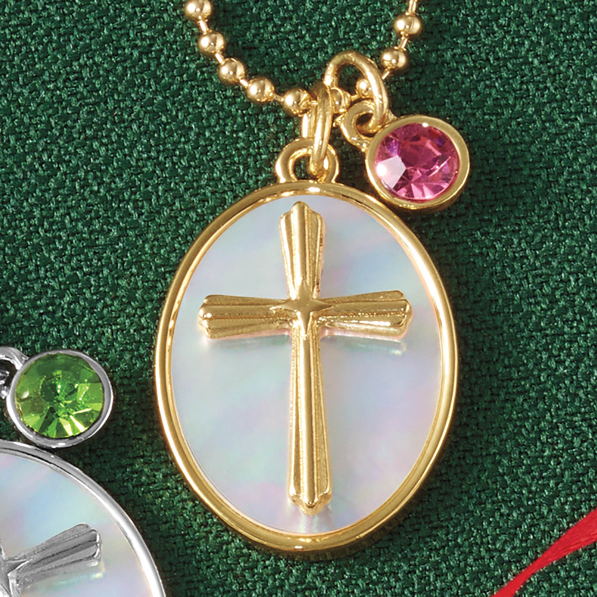 Birthstone Cross-Shell Pendant, Goldtone, large