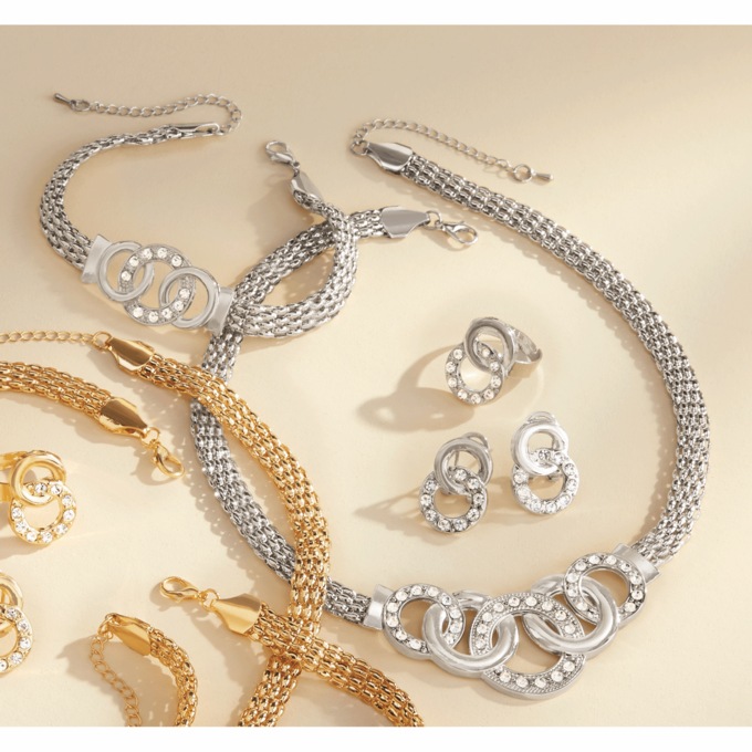 Crystal/Rings Necklace, Bracelet, Earrings & Ring Set, Silvertone, large