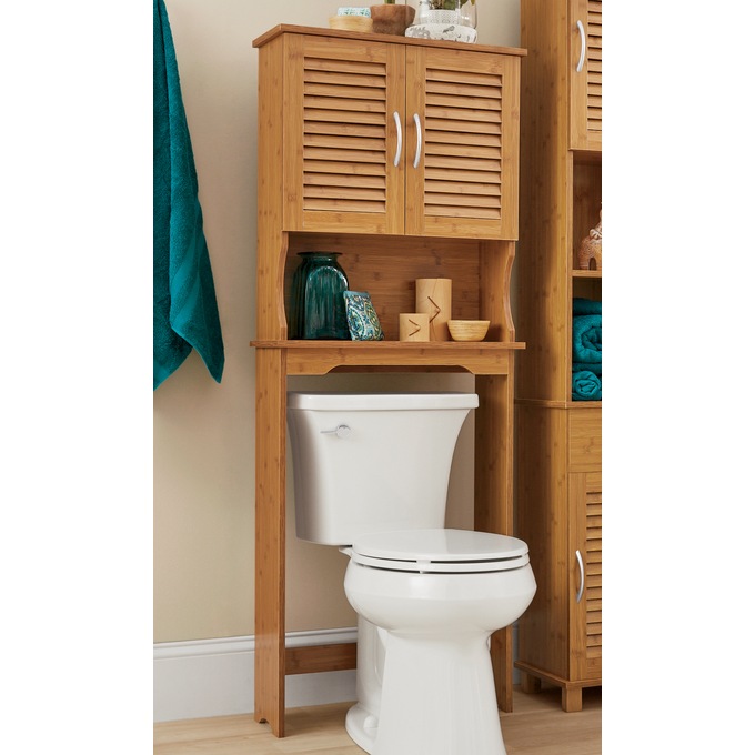 Over The Toilet Bathroom Storage, Space Saver, 1-Door, Bamboo, Natural, Beige