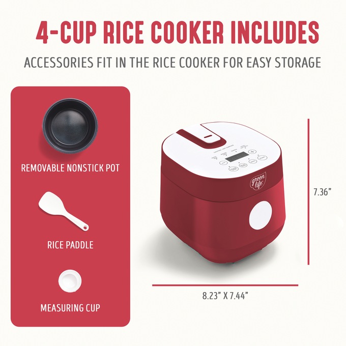 Greenlife 4-Cup Rice and Grains Cooker, Red, large