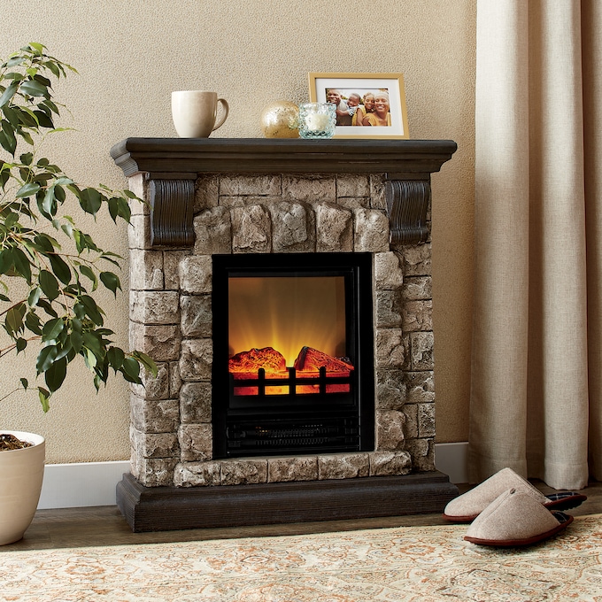 Faux-Stone Electric Fireplace, Rustic, , large