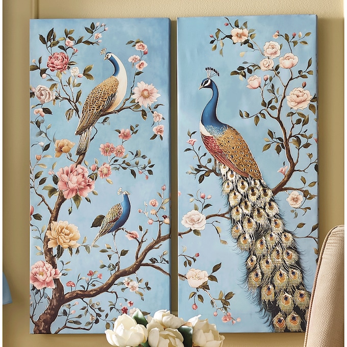 2-Piece Embellished Metallic Peacock Wall Art Set, , large