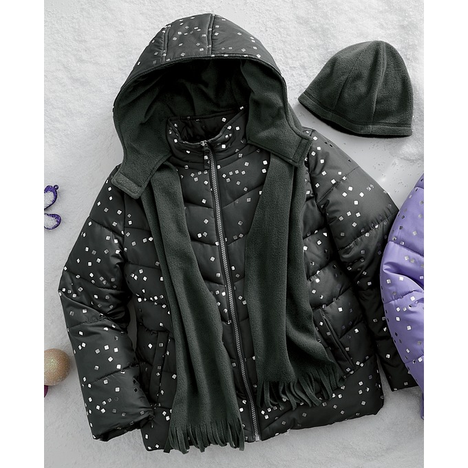 Platinum Girls&#39; Foil Puffer with Hat and Scarf, , large