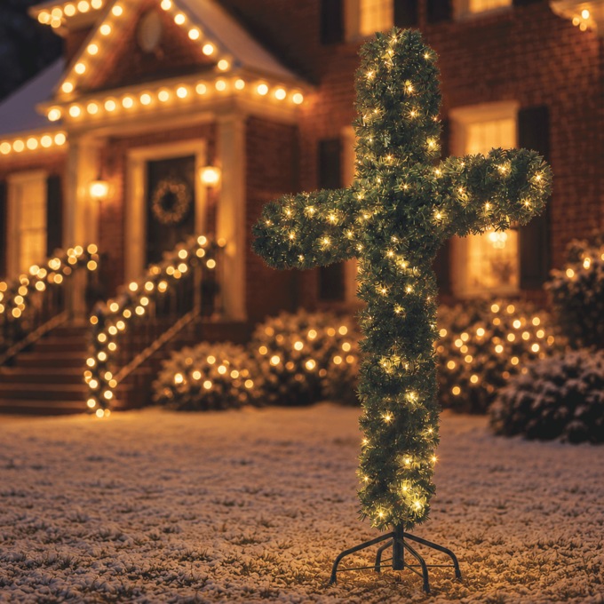 Outdoor Lit Evergreen Cross, Green, large