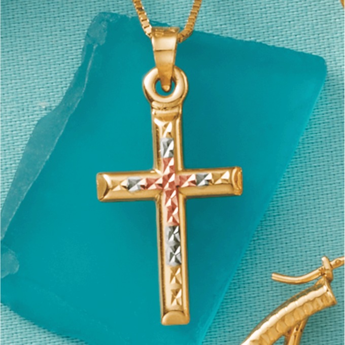 10K Gold Tricolor Cross Pendant, , large