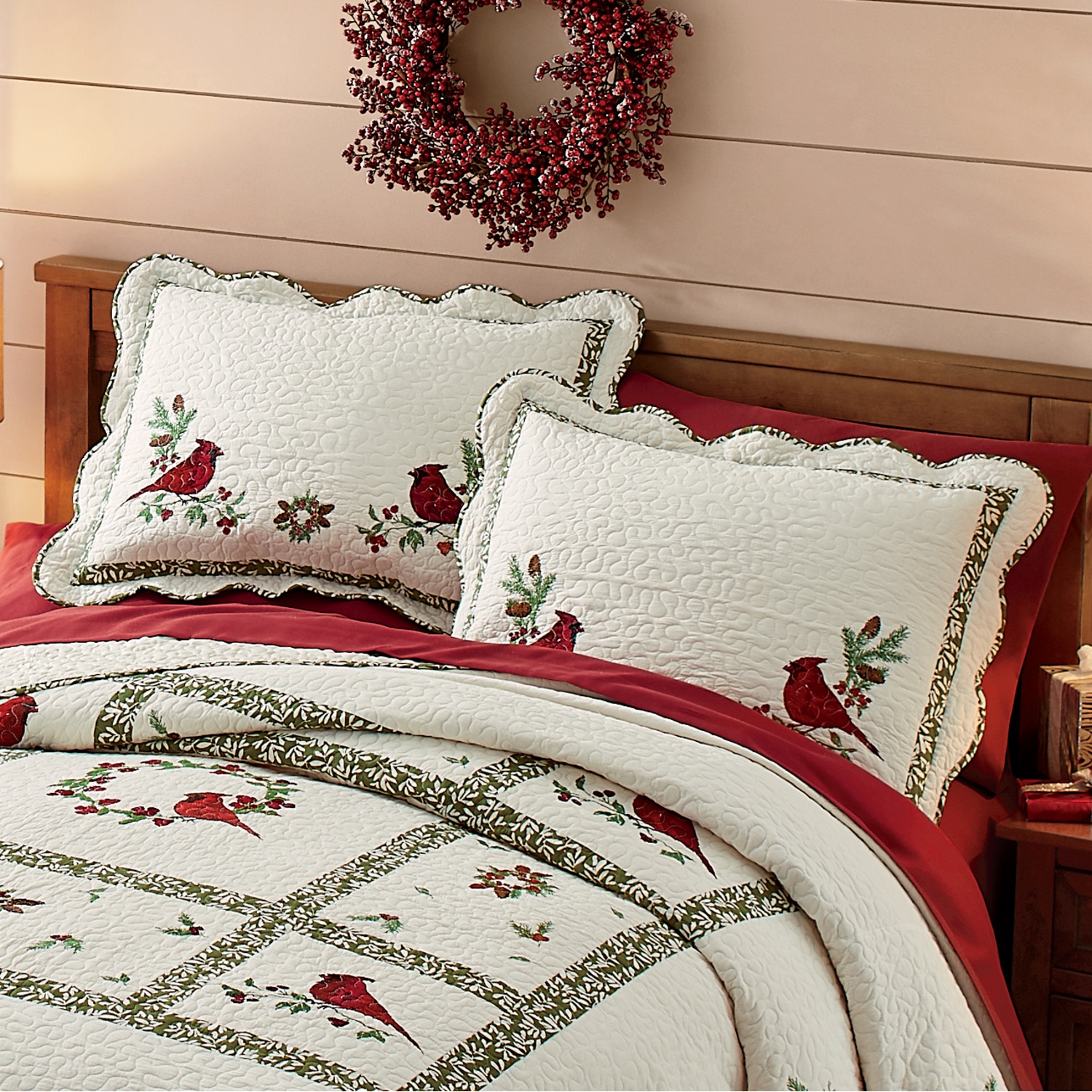 Cardinal Embroidered Quilted Bedspread and Sham Montgomery Ward