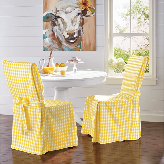 Gingham Check Dining Chair Cover with Ties, Yellow, large