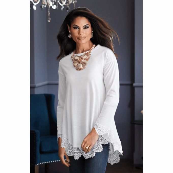 Shania Long-Sleeve Tunic with Scalloped Crochet Edges, , large