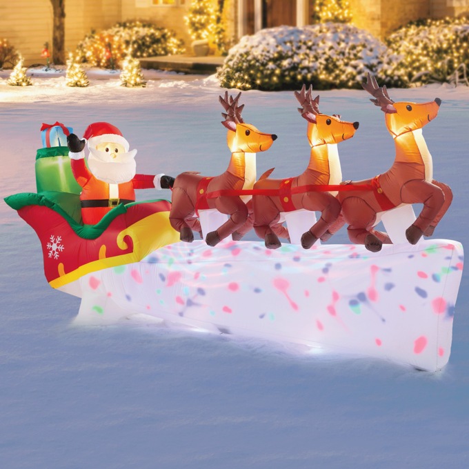 Lit Santa&rsquo;s Sleigh and Reindeer Inflatable, , large