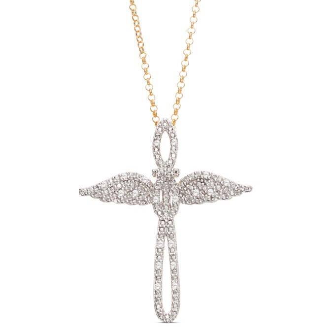 Diamond Cross with Wings Pendant, , large