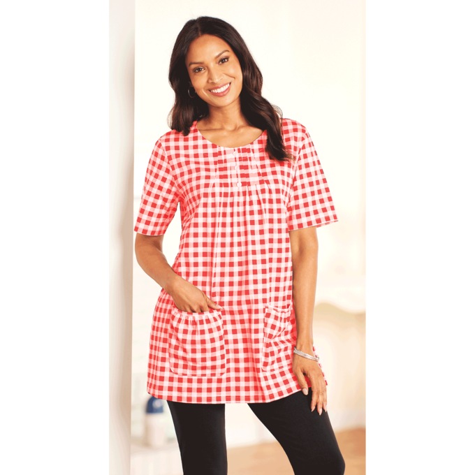 Knit Tunic with Patch Pockets, Red White Gingham, large