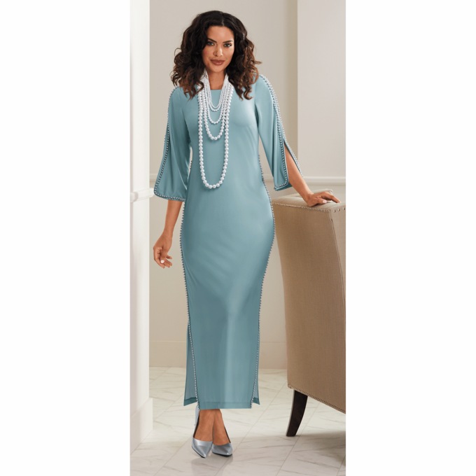 Pearl-Trim Maxi Dress, Blue, large