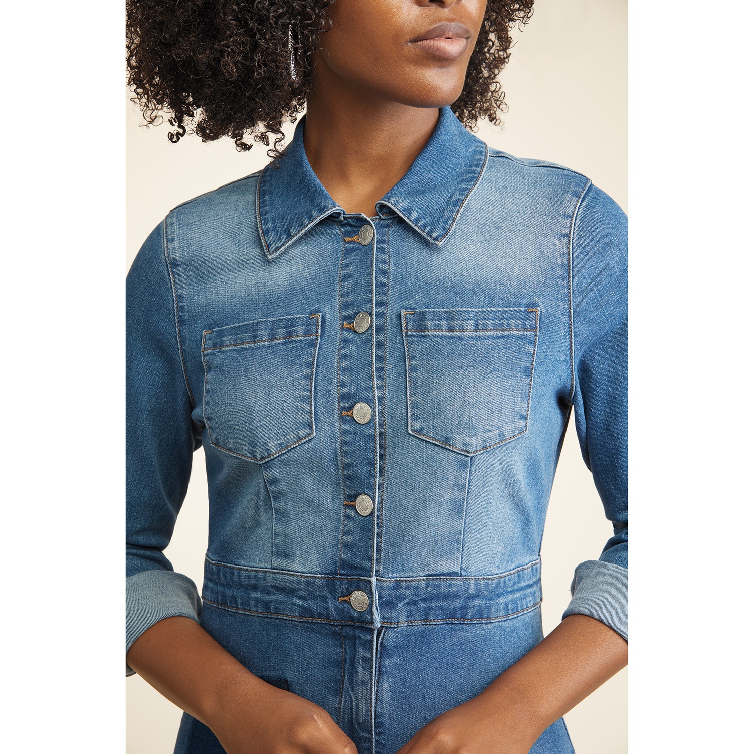 stretch denim sheath dress Hold Me Close Denim Fitted Midi Dress Large