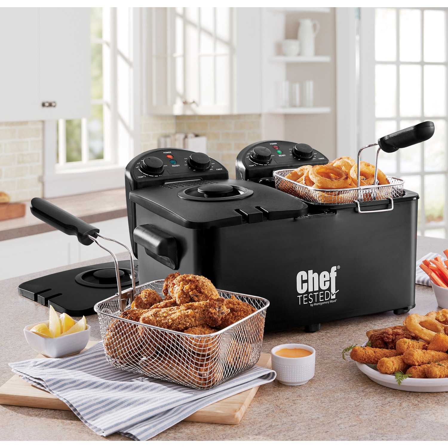 Chef Tested Double Tank Deep Fryer by Montgomery Ward and Set of 3 Deep