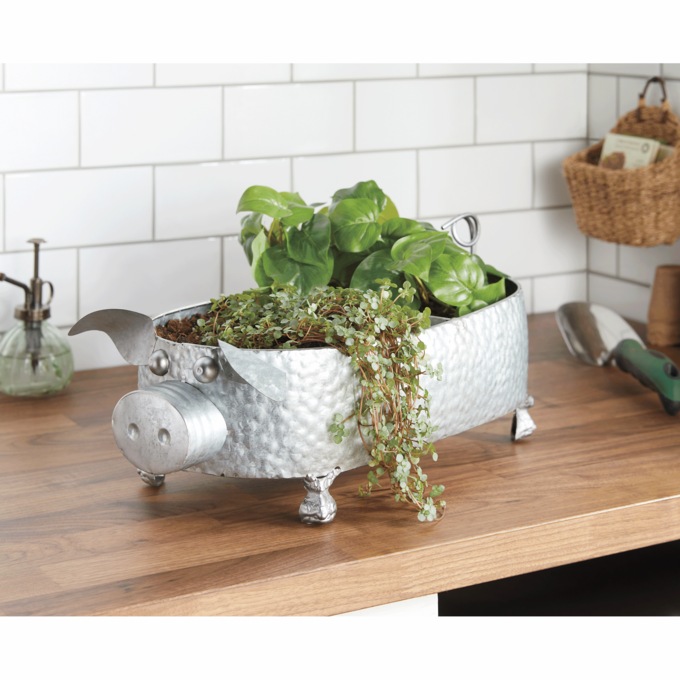 Galvanized Metal Pig Planter, , large