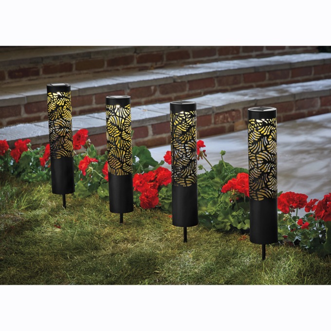 Set of 4 Solar Leaf Garden Pillars, , large