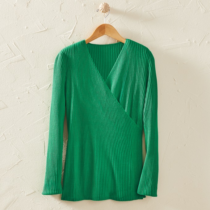 Arianna Faux-Wrap Crossover Sweater with V-Neck in Rib Knit for Women, , large