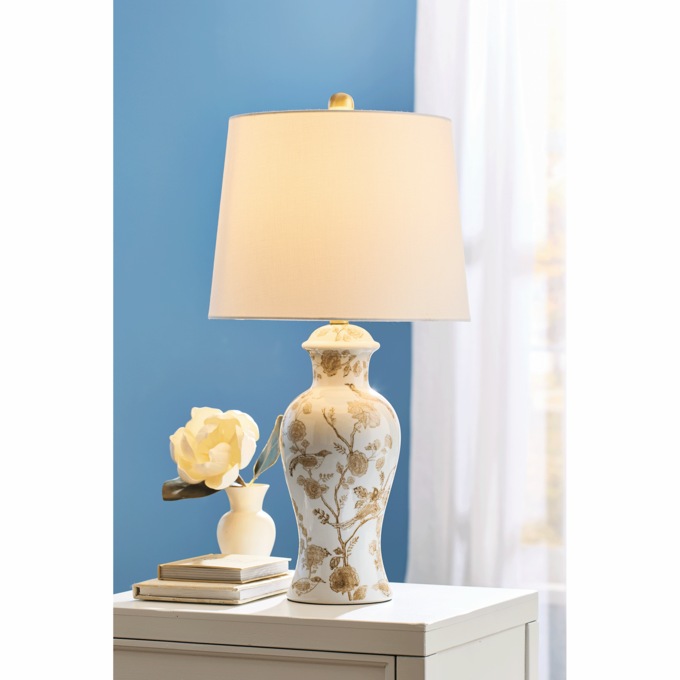 Floral and Bird Table Lamp with Ceramic Base, Tan White, large