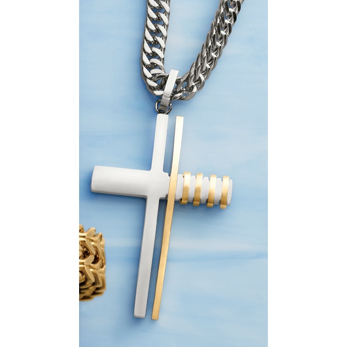 Stainless Steel Two-Tone Cross Pendant, , large